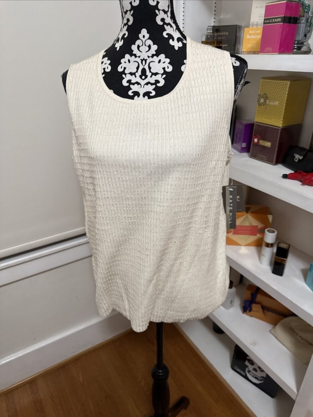 New KATE HILL Casual SZ 1X Ivory silk blend Beaded Textured Sweater Shell